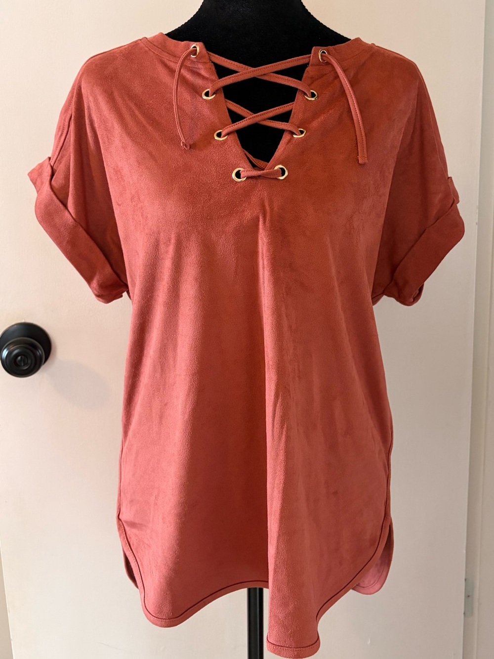 Cupio Faux Suede Lace Up V Neck Medium
